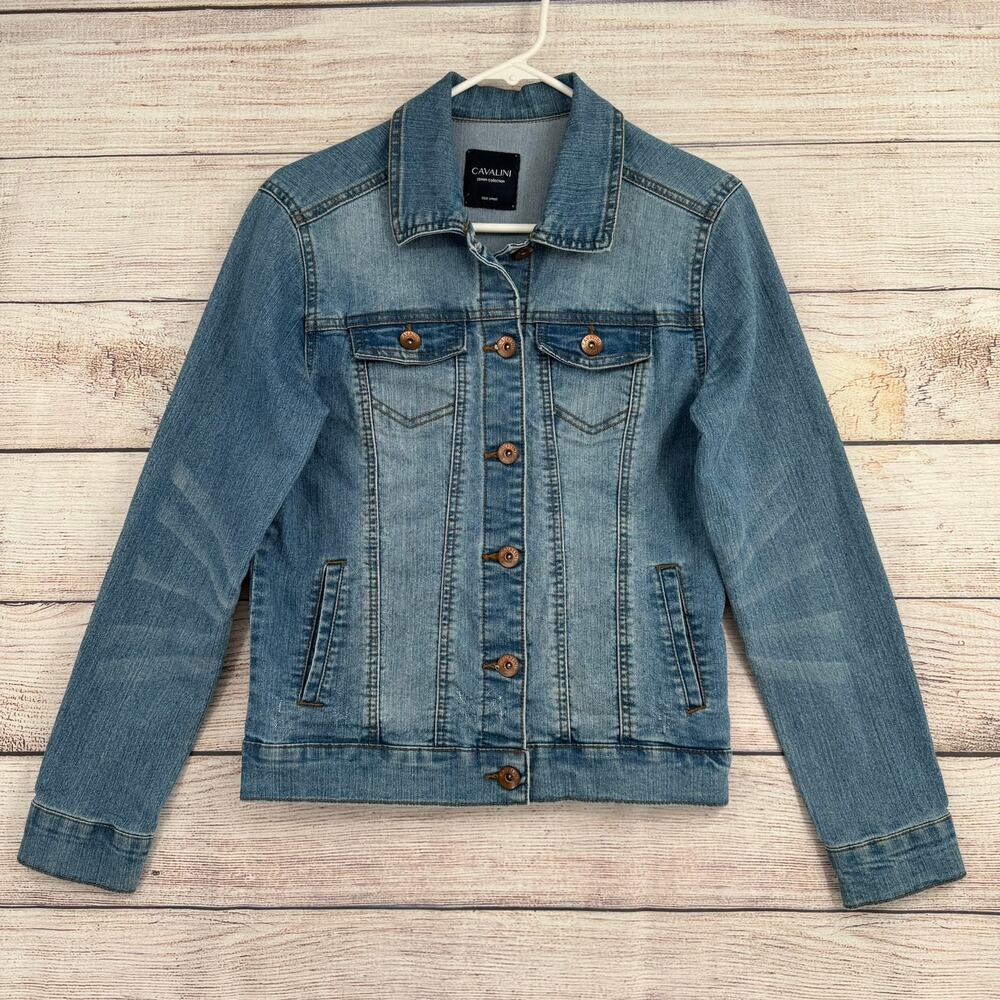 Cavalini Denim Trucker Jean Jacket‎ Womens Small Blue Medium Wash Denim